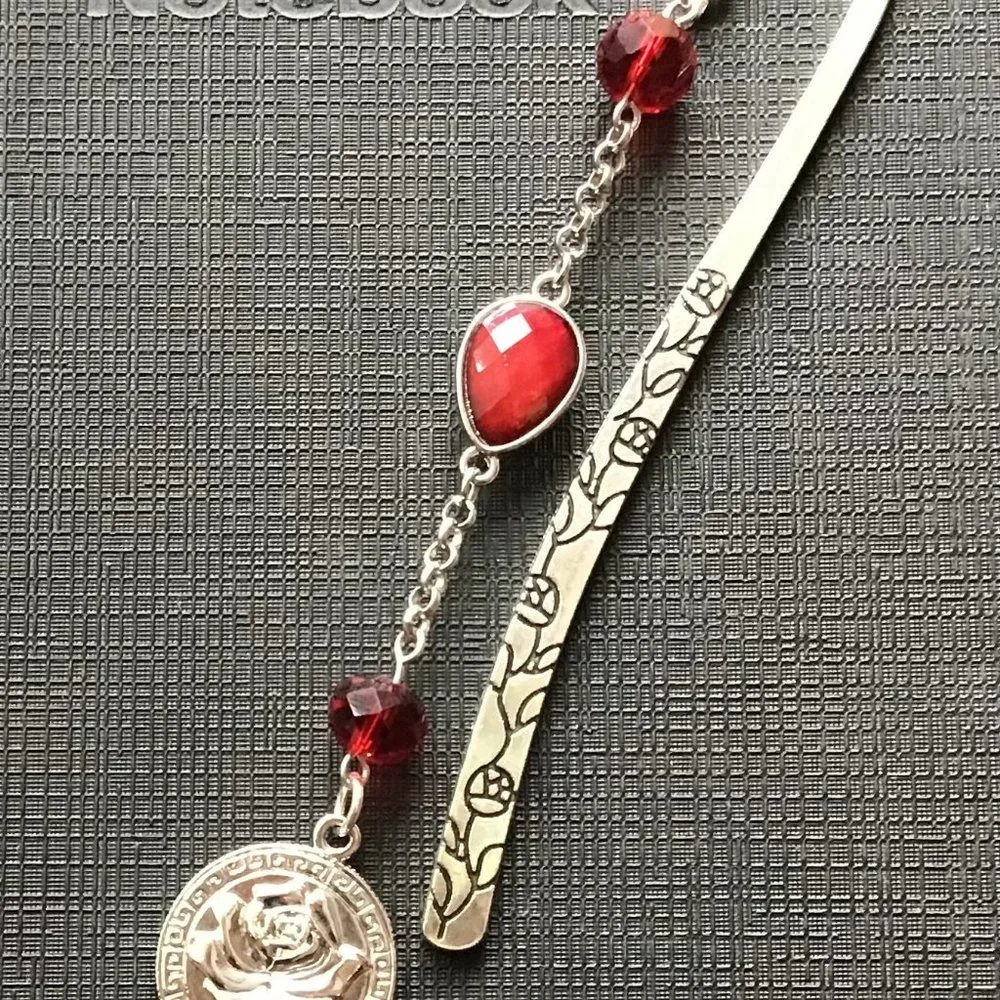 Tibetan Metal Bookmark Rose Engraved Red Garnet Rose‎ Charm